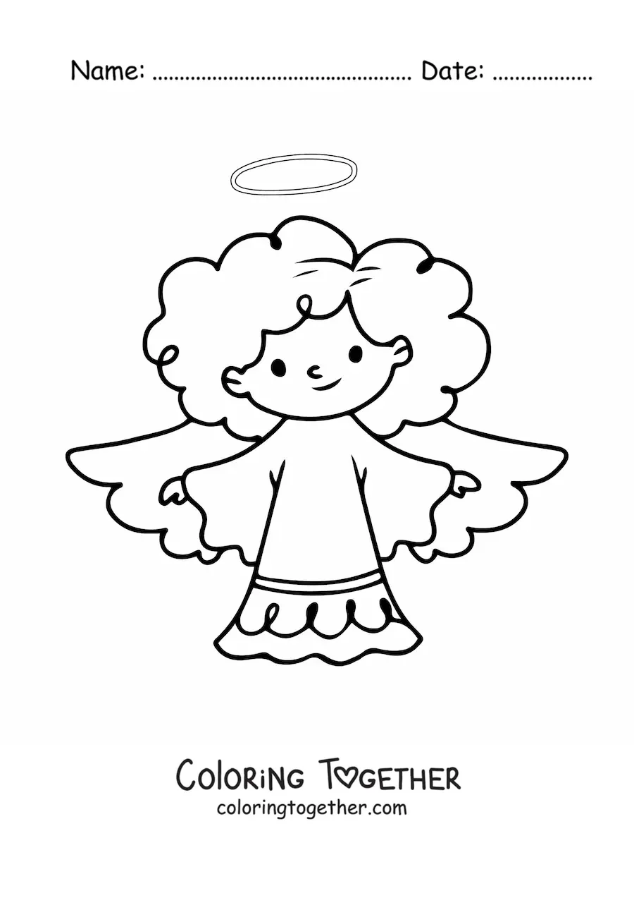 Coloring page of a cartoon angel with an afro and open wings