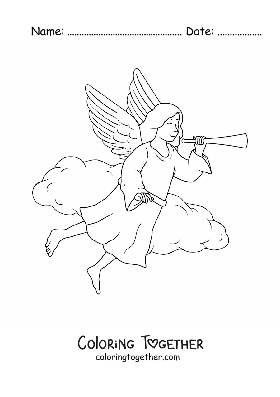 Coloring page of an angel flying in the sky with a trumpet