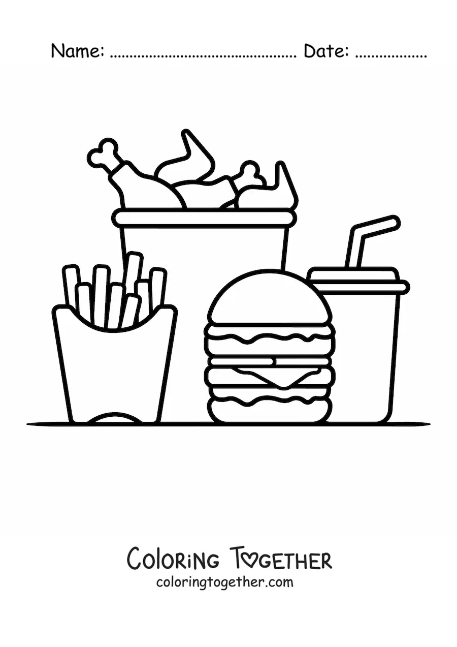 Coloring page of a hamburger with fries, soda and a bucket of chicken