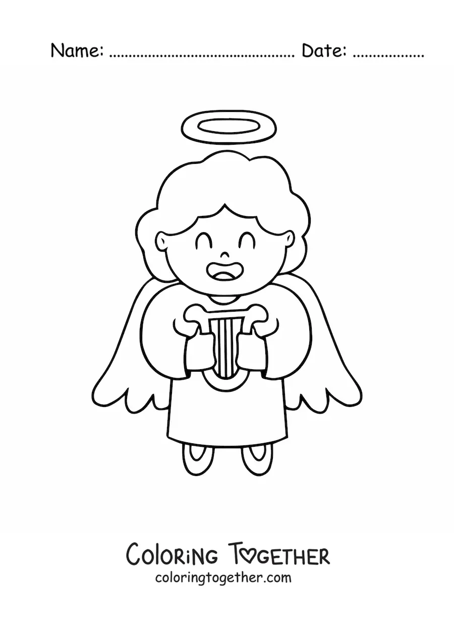 Coloring page of a cartoon angel with a harp