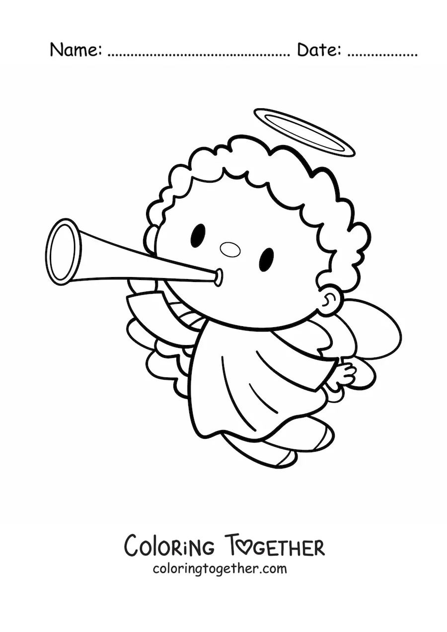 Coloring page of a cartoon angel flying with a trumpet