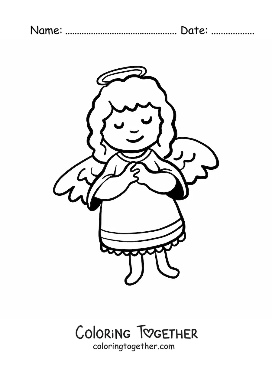 Coloring page of a cartoon angel praying with open wings