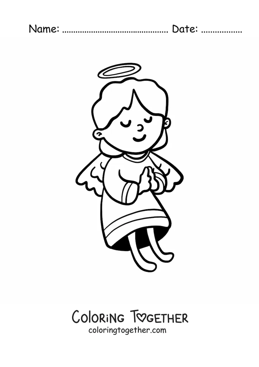 Coloring page of a cartoon angel praying