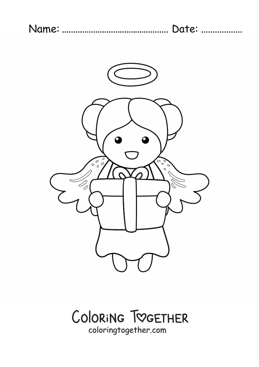Coloring page of a Christmas angel girl with a gift