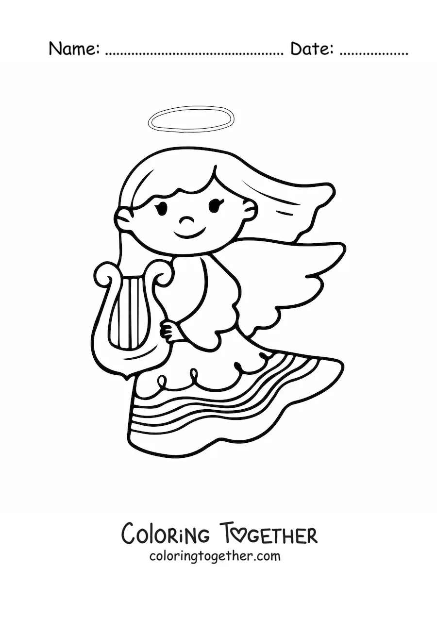 Coloring page of an angel girl with a harp