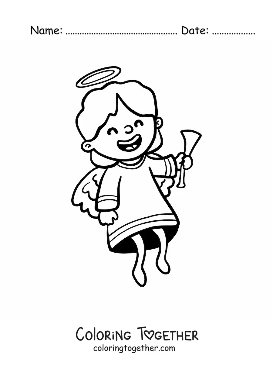 Coloring page of a happy cartoon angel with a trumpet