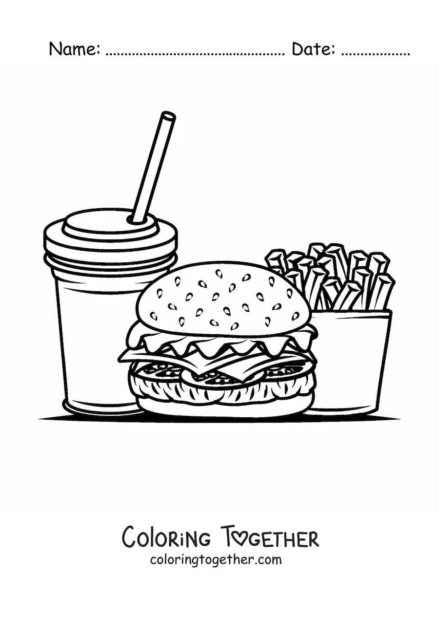 Coloring page of a hamburger with soda and fries