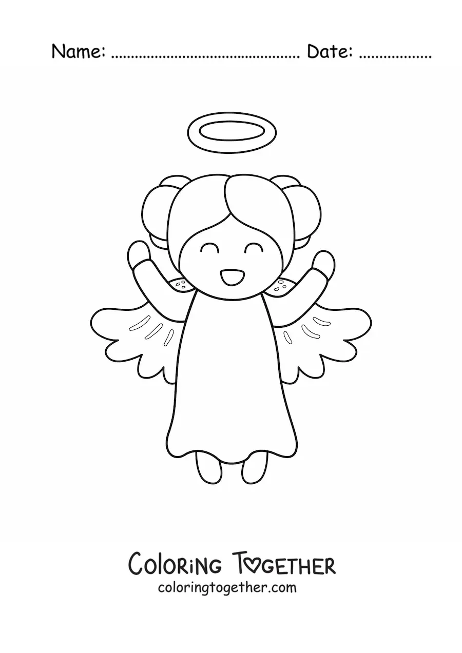 Coloring page of a happy cartoon angel girl