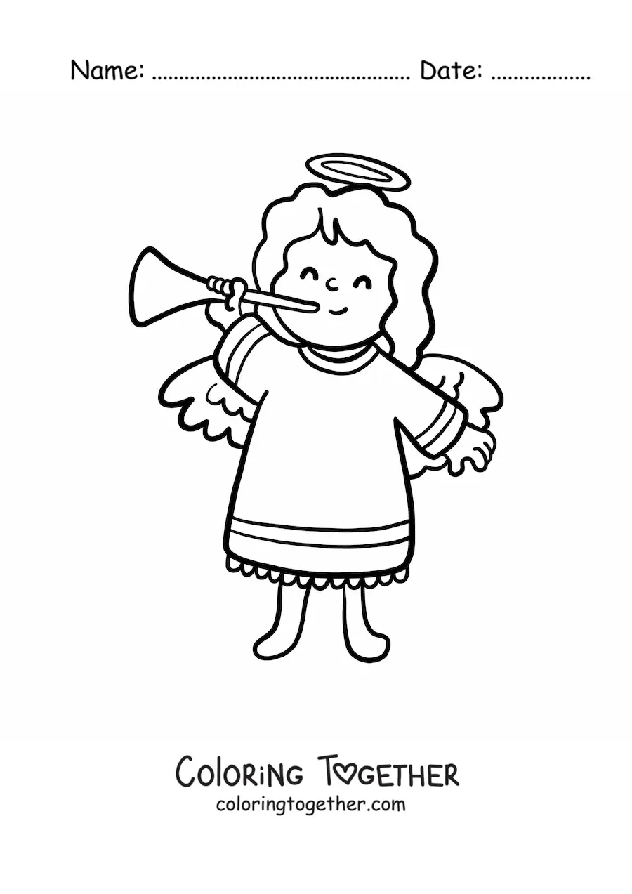 Coloring page of a cartoon angel playing the trumpet
