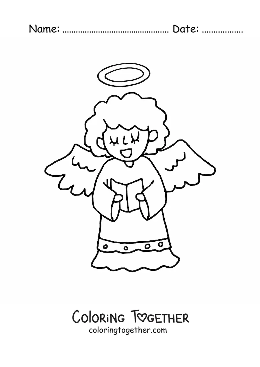 Coloring page of a cartoon angel reading