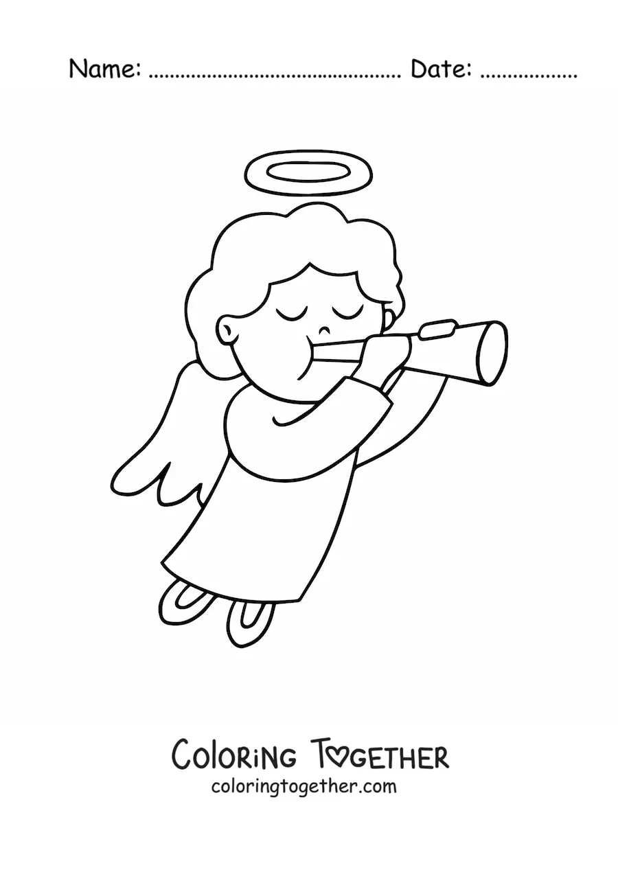 Coloring page of an easy angel playing the trumpet