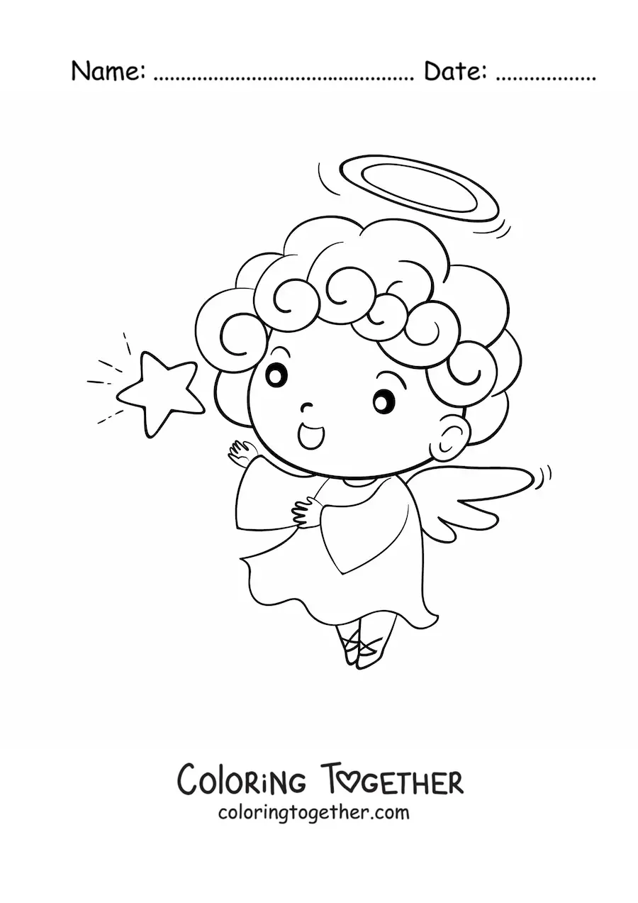 Coloring page of a cartoon angel boy flying with a star