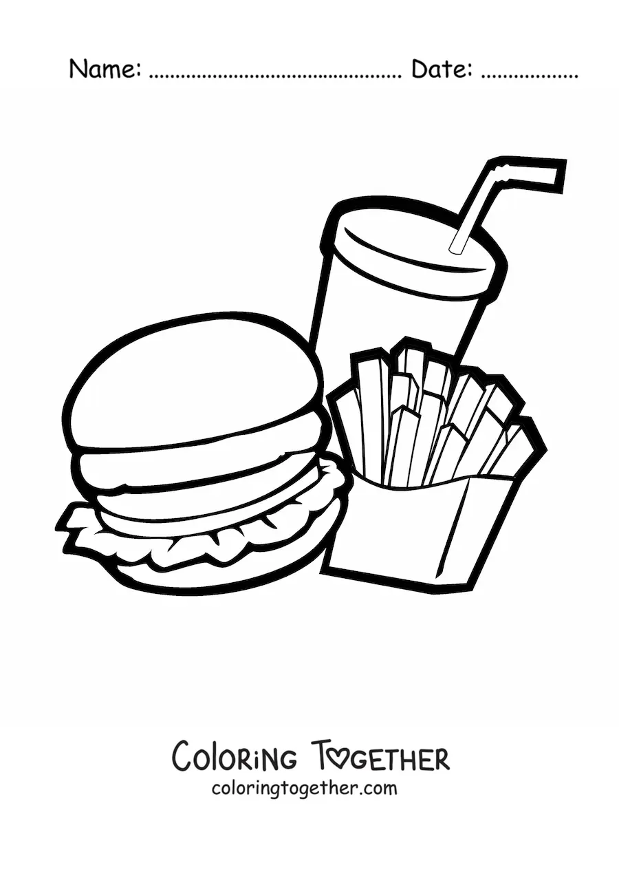 Coloring page of an animated hamburger with fries and soda