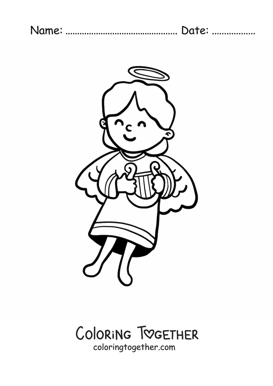 Coloring page of a cartoon angel girl with a harp