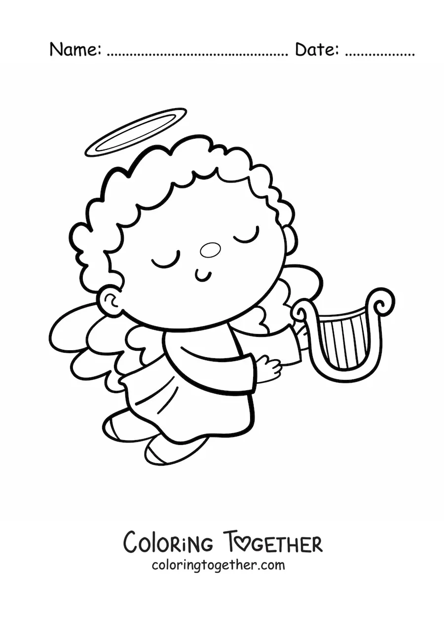 Coloring page of a cartoon angel boy flying with a harp