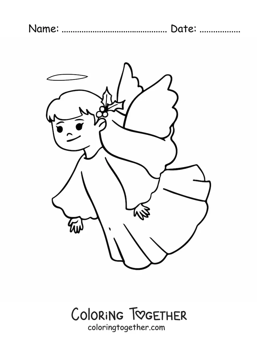 Coloring page of a Christmas angel girl flying