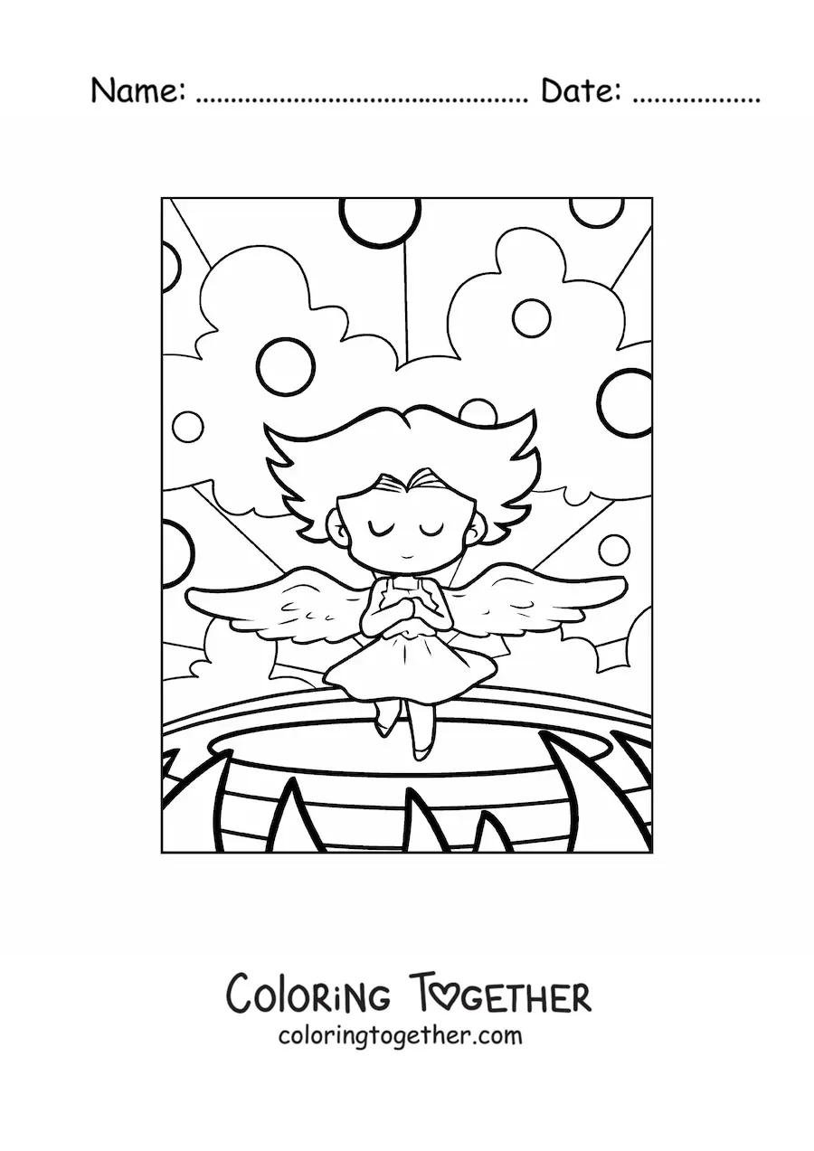 Coloring page of a cartoon of an angel with open wings