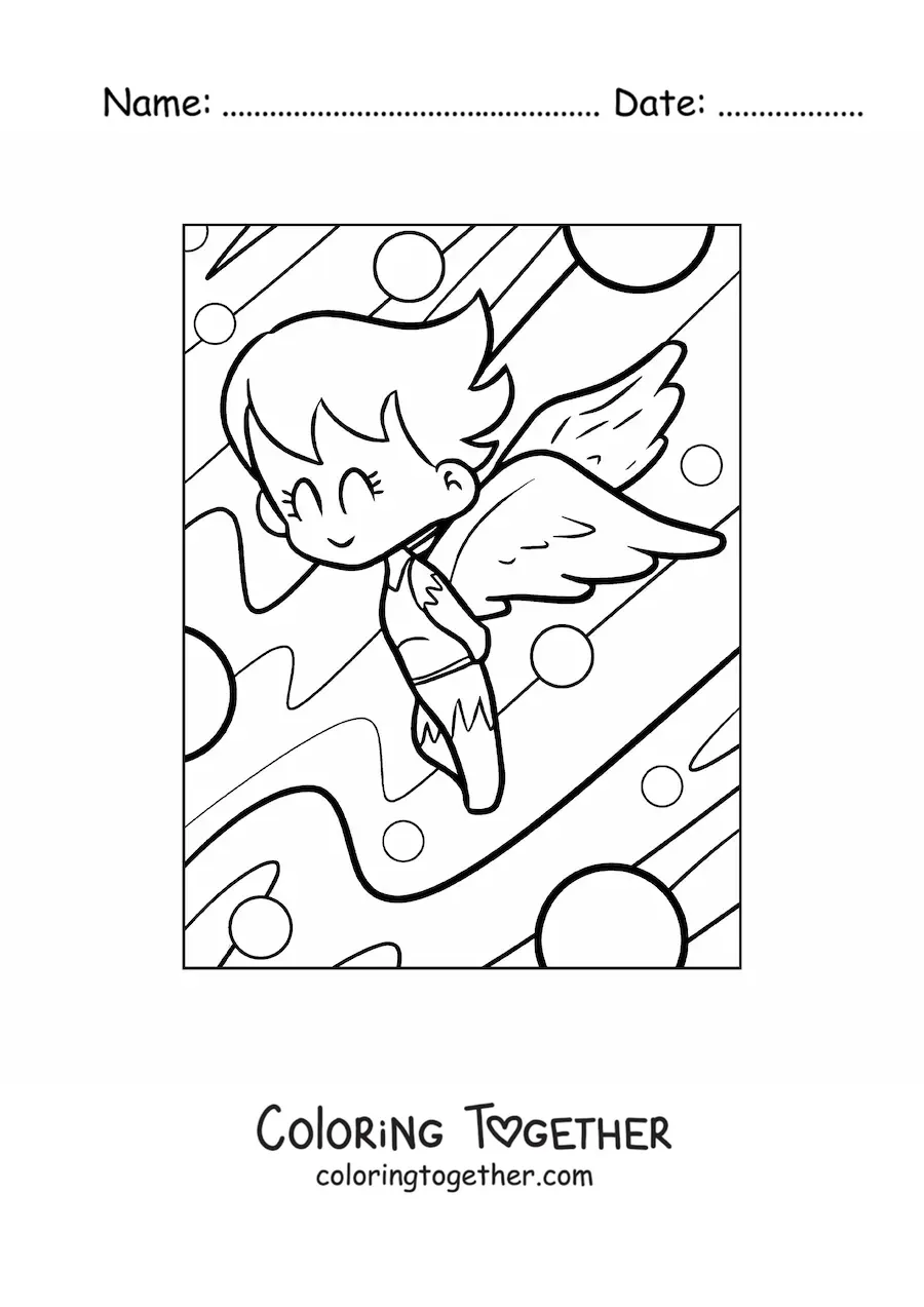 Coloring page of a cartoon of an angel flying in the sky