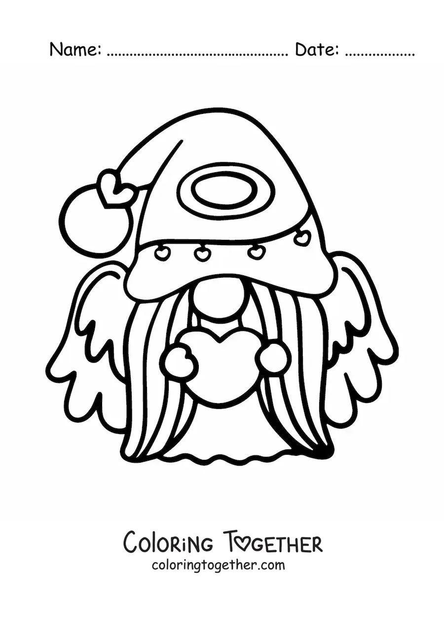 Coloring page of a cartoon of a gnome angel with a heart
