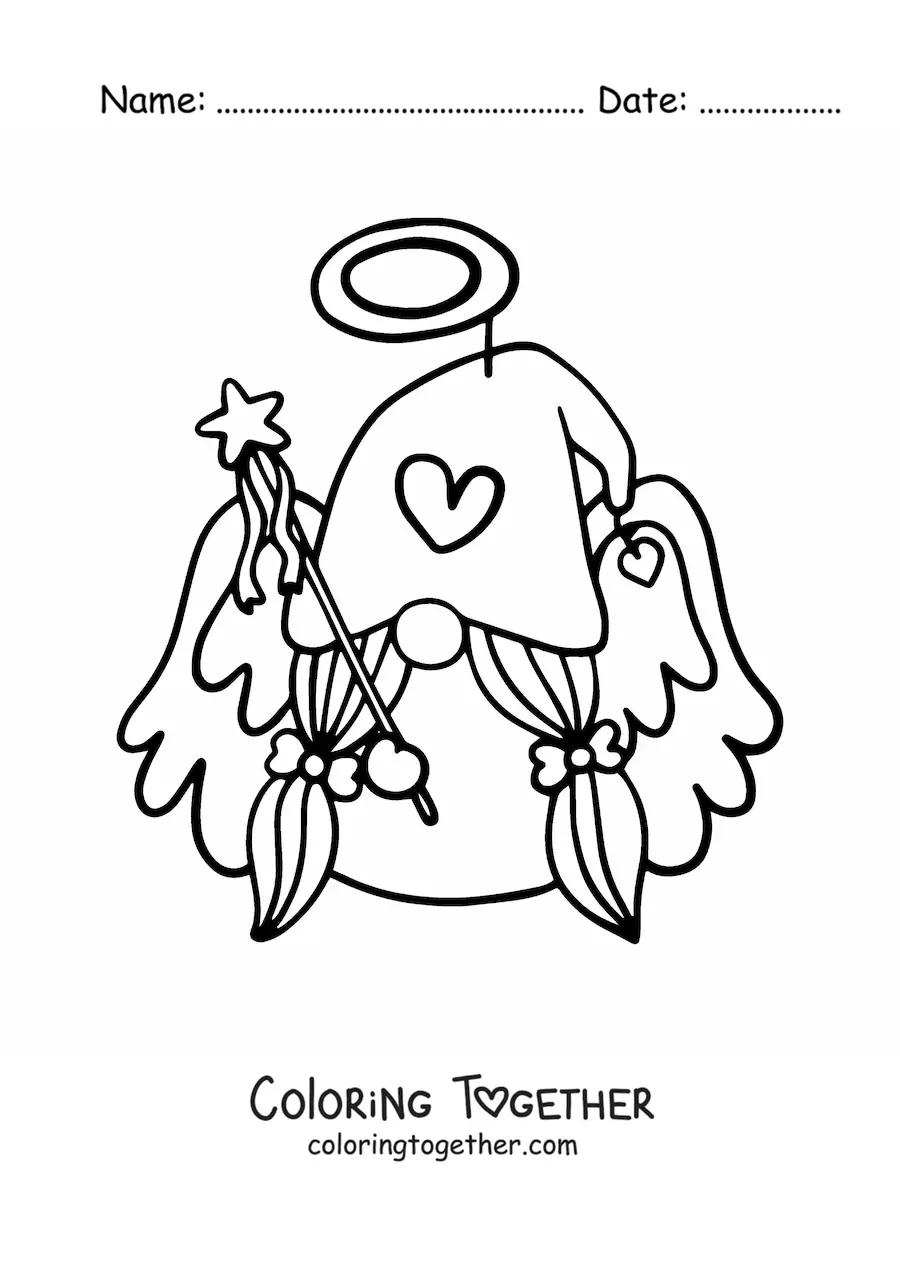 Coloring page of a cartoon of a gnome angel with a wand