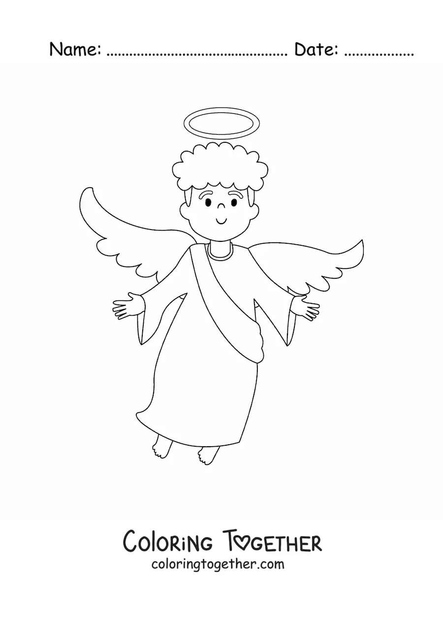 Coloring page of a flying angel boy