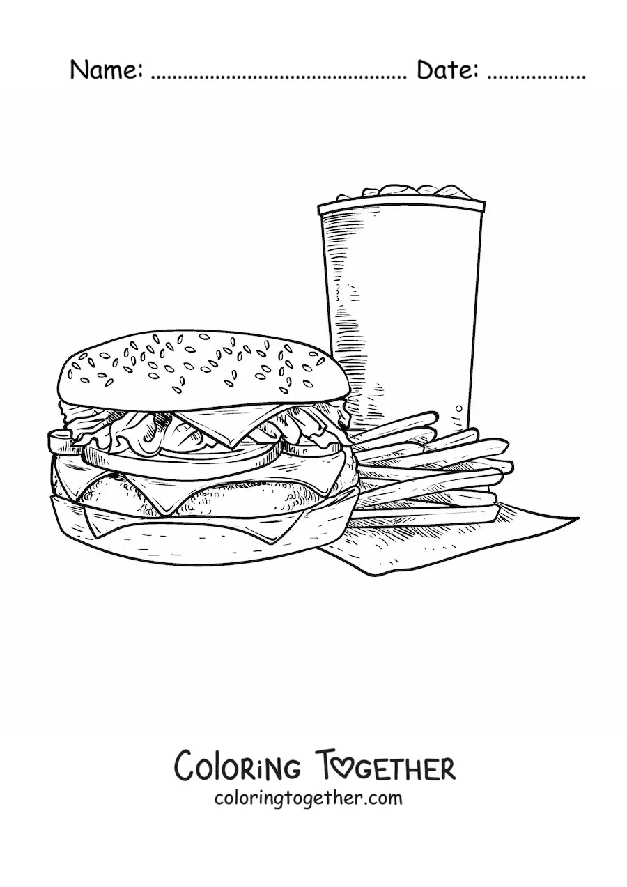 Coloring page of a realistic hamburger with fries and soda