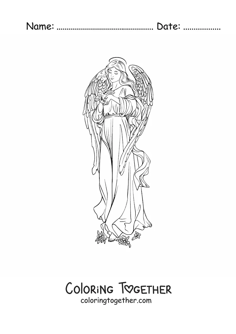 Coloring page of a realistic female angel with flowers and a dove