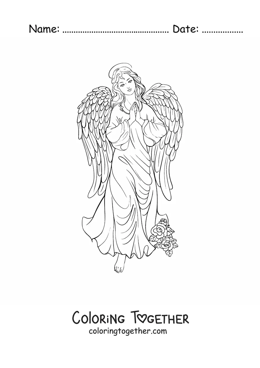Coloring page of a realistic female angel with flowers