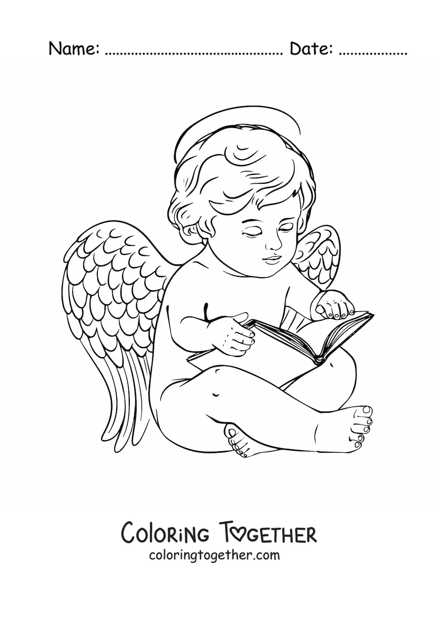 Coloring page of a realistic baby angel reading