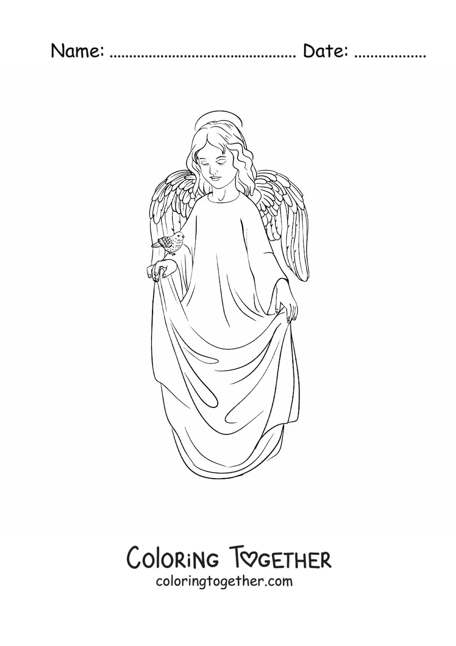 Coloring page of a realistic angel boy with a bird