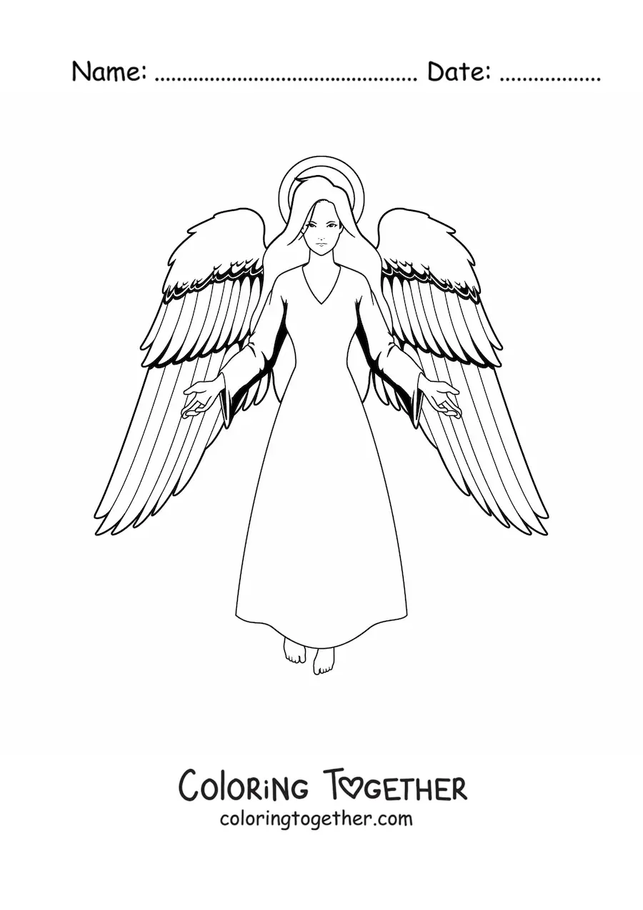 Coloring page of an angel woman with open wings