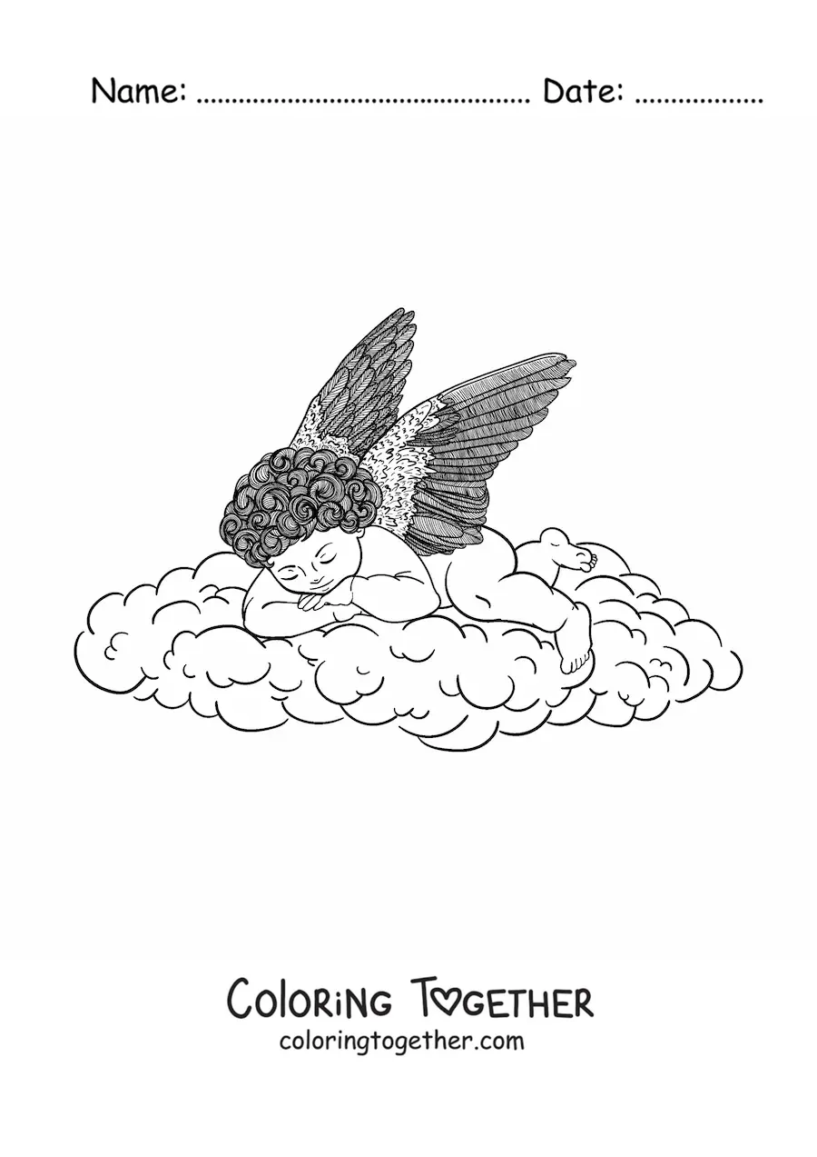 Coloring page of a baby angel sleeping in the sky