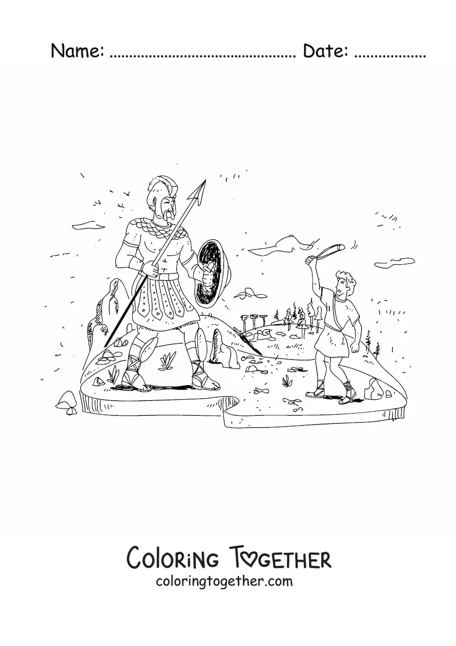 Coloring page of David fighting the giant Goliath from the Bible