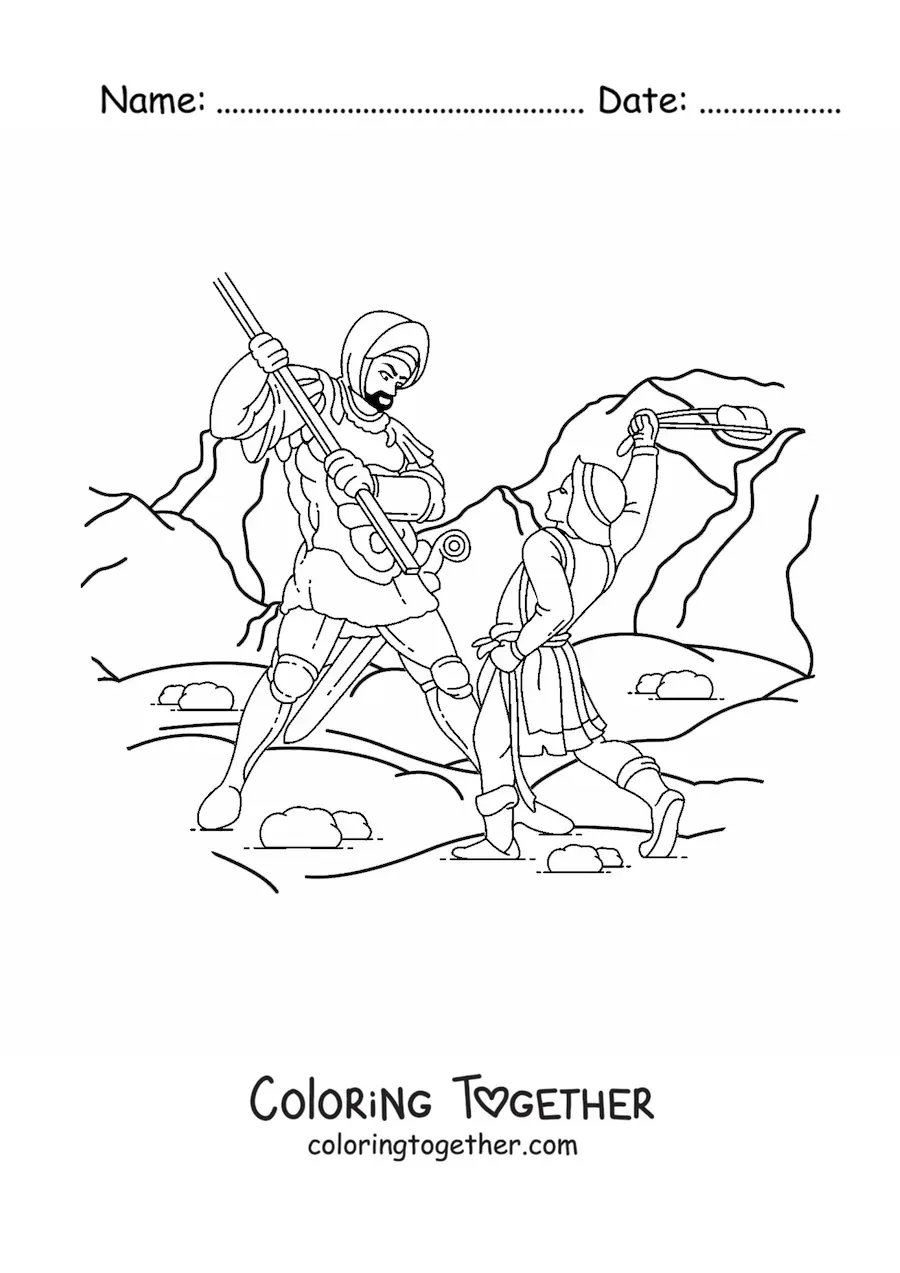 Coloring page of David defeating the giant Goliath from the Bible