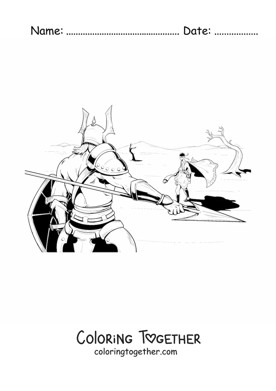Coloring page of the battle of David and the giant Goliath from the Bible