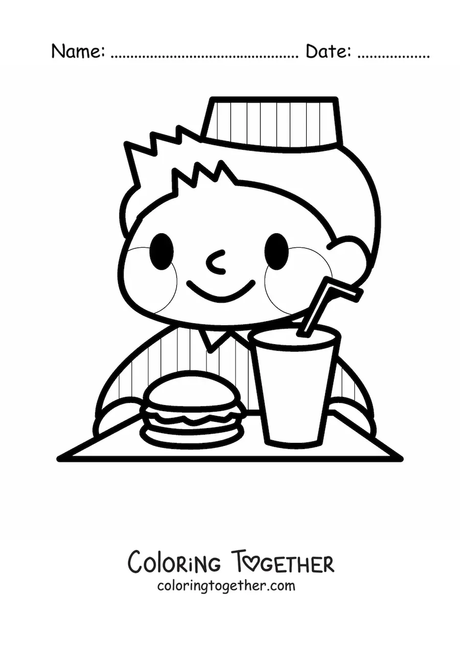 Coloring page of a burger shop employee with a hamburger and soda