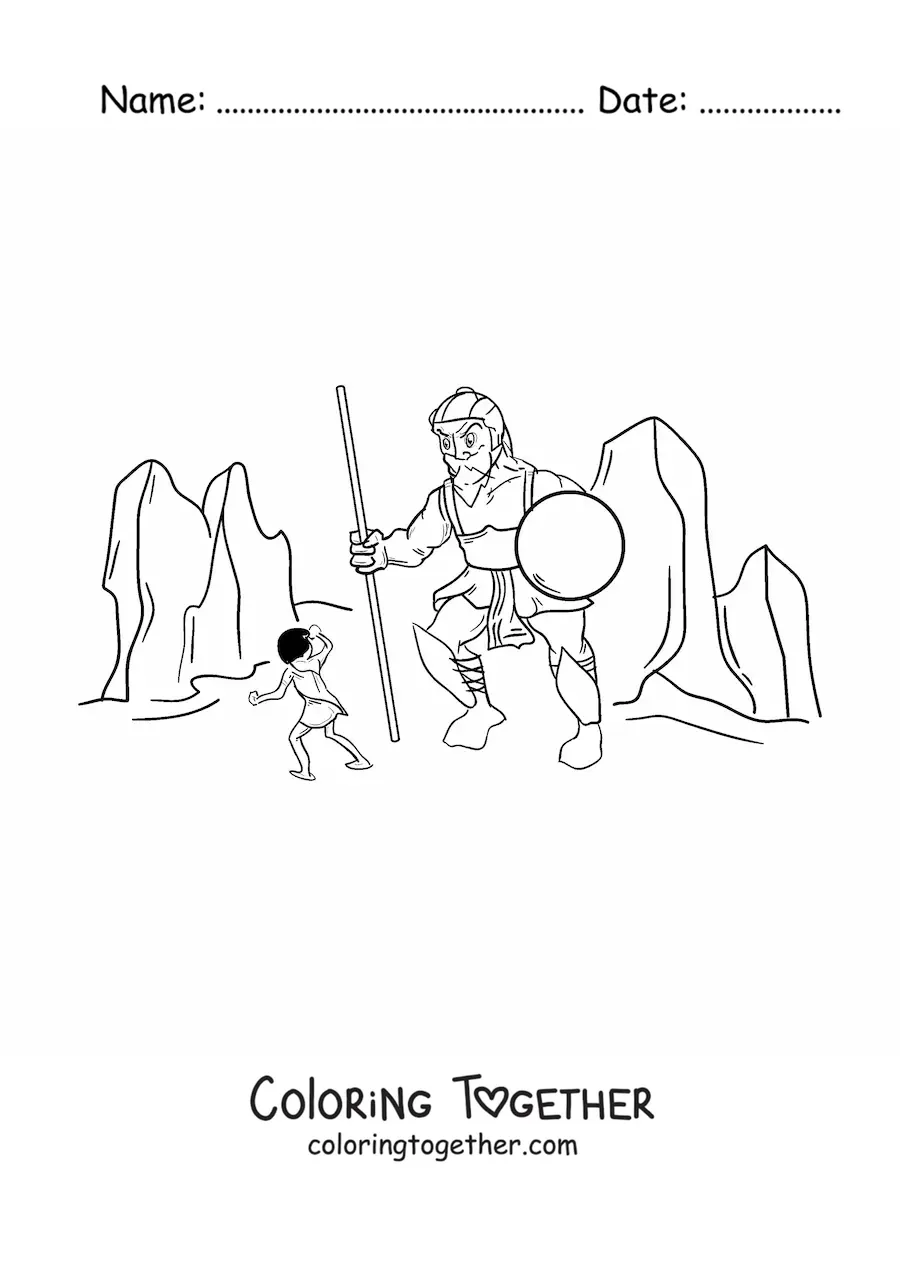 Coloring page of a man fighting a giant