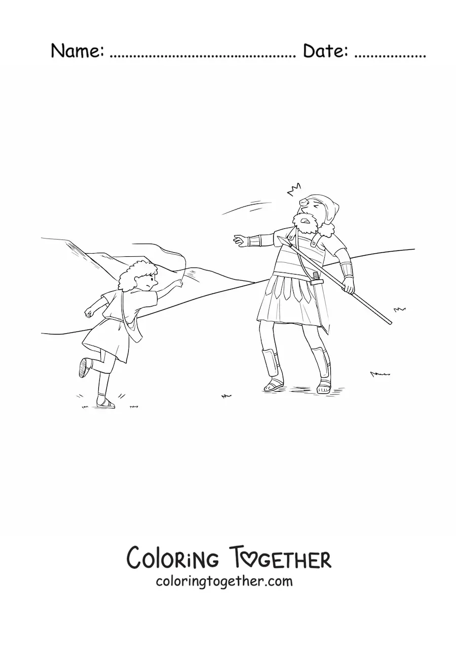Coloring page of David defeating Goliath the giant
