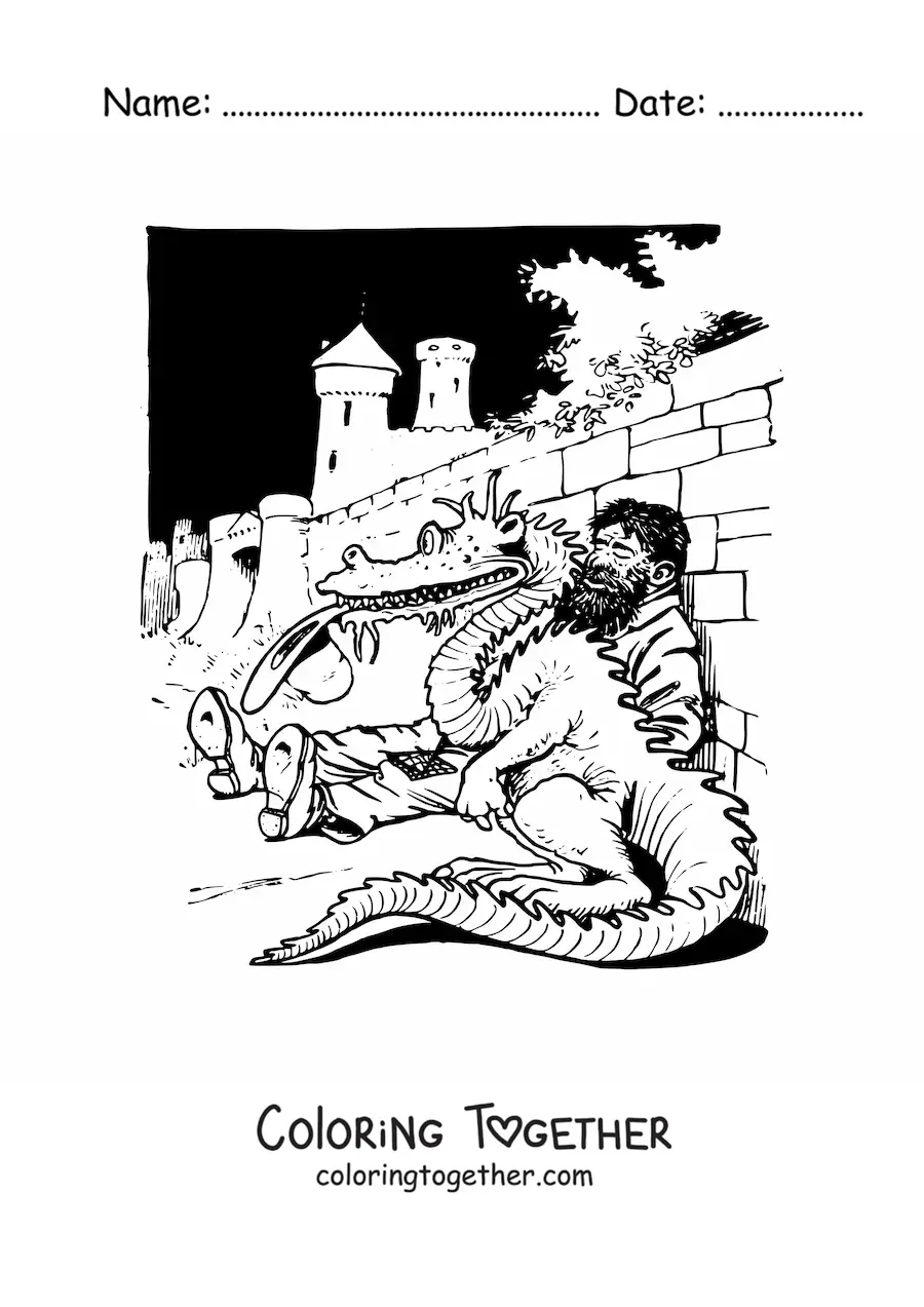 Coloring page of a giant sleeping next to a dragon