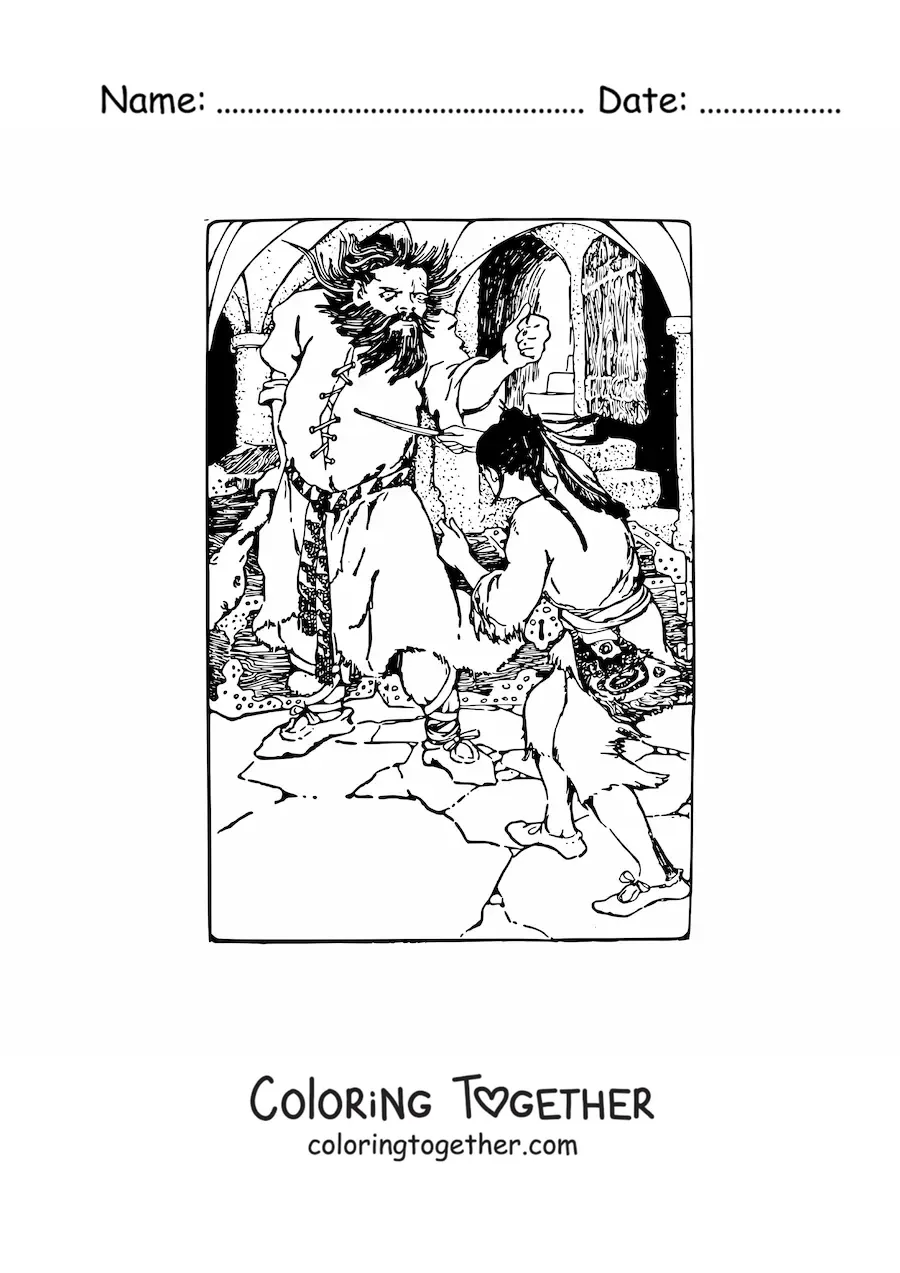 Coloring page of a man defeating a giant