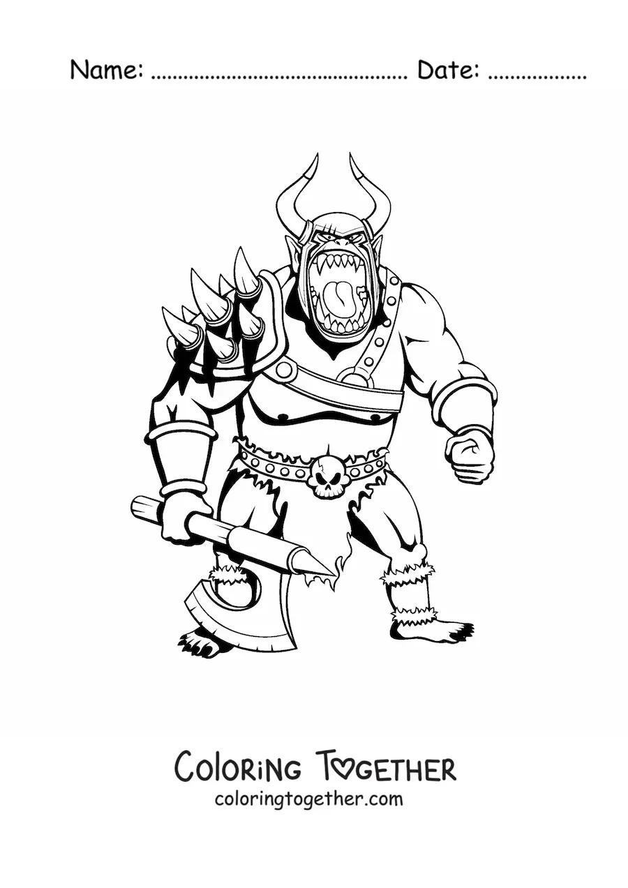 Coloring page of a monstrous giant warrior in armor