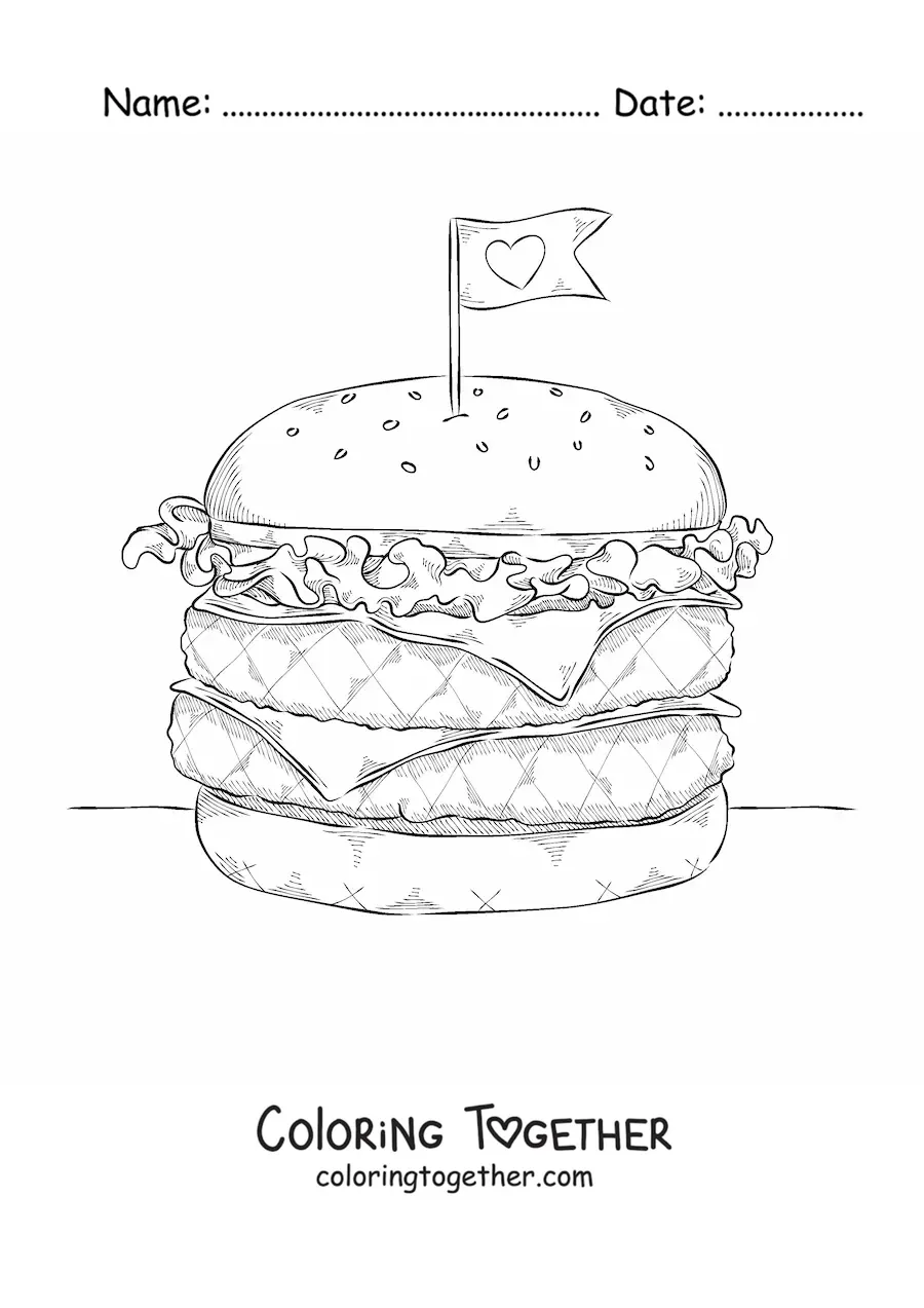 Coloring page of a double hamburger with a heart pennant