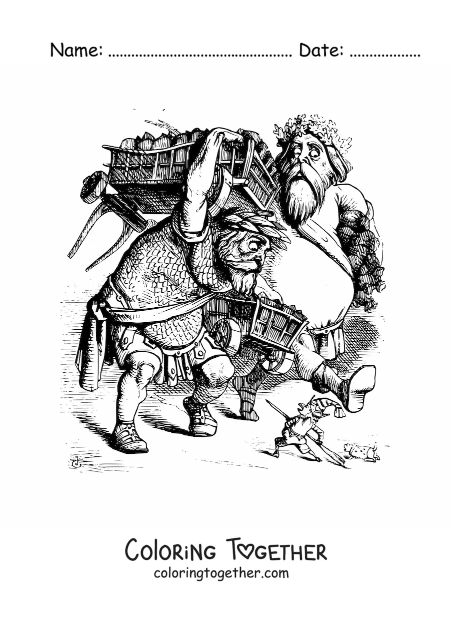 Coloring page of giants walking beside a man