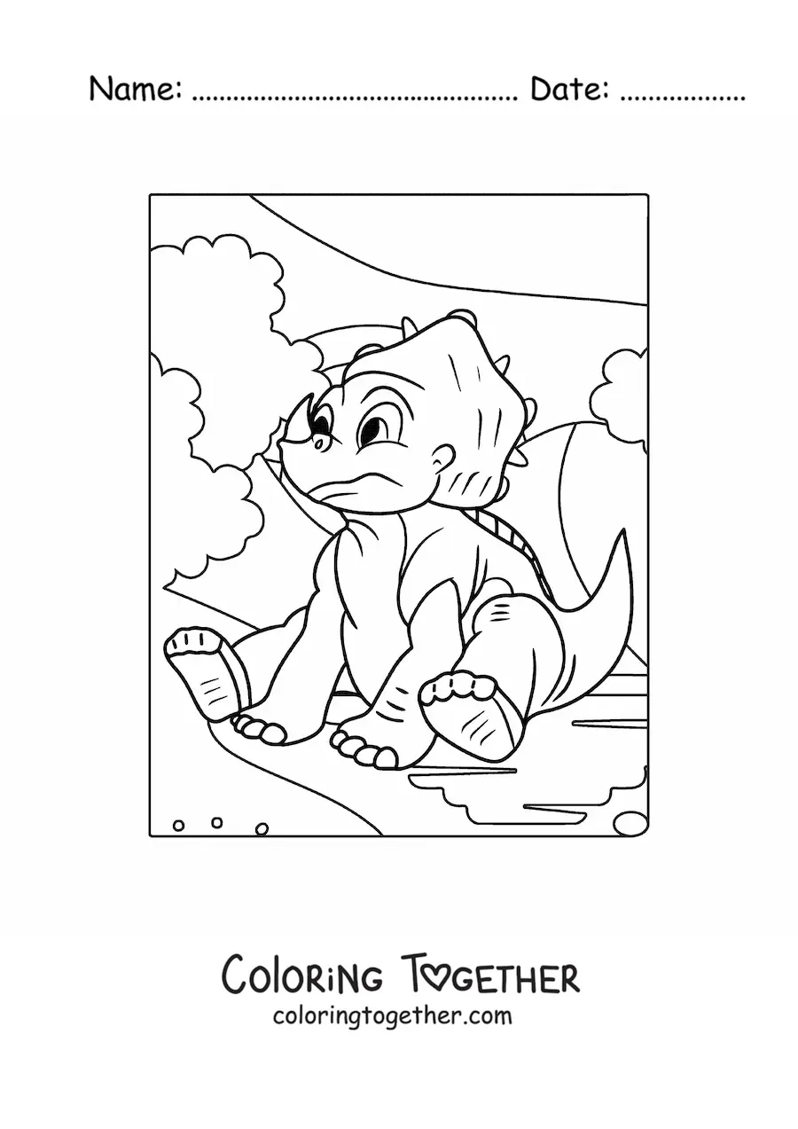 Coloring page of a sad baby triceratops sitting down