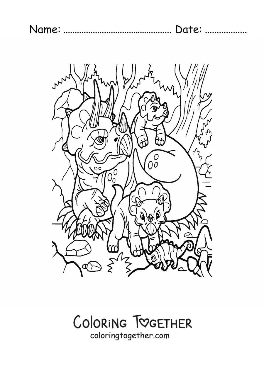 Coloring page of a mama triceratops with her babies in the jungle