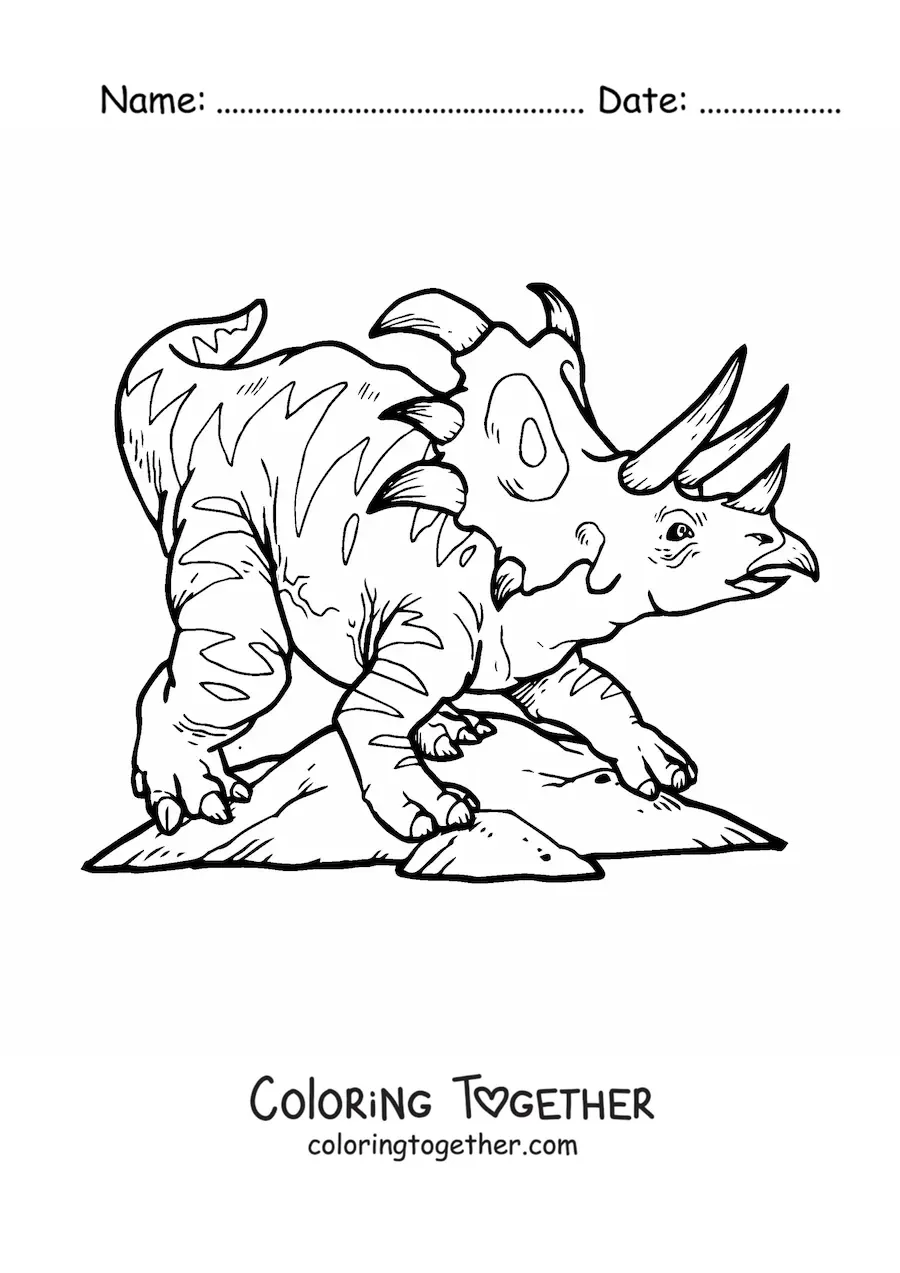 Coloring page of a realistic triceratops roaring