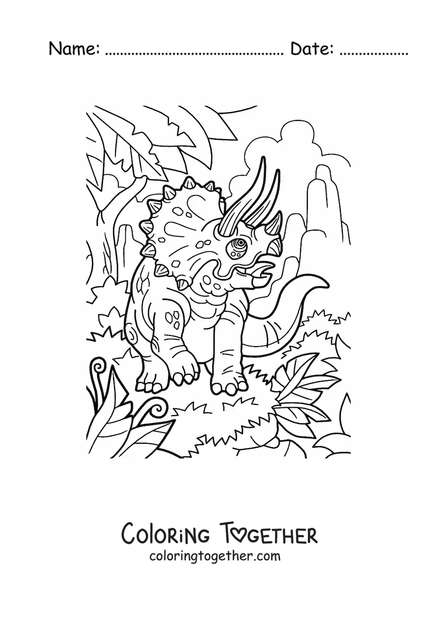 Coloring page of a triceratops in its habitat