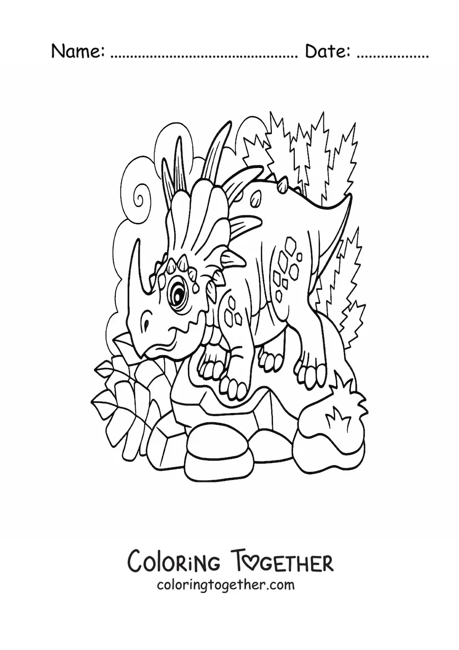 Coloring page of a triceratops-like species with a single horn