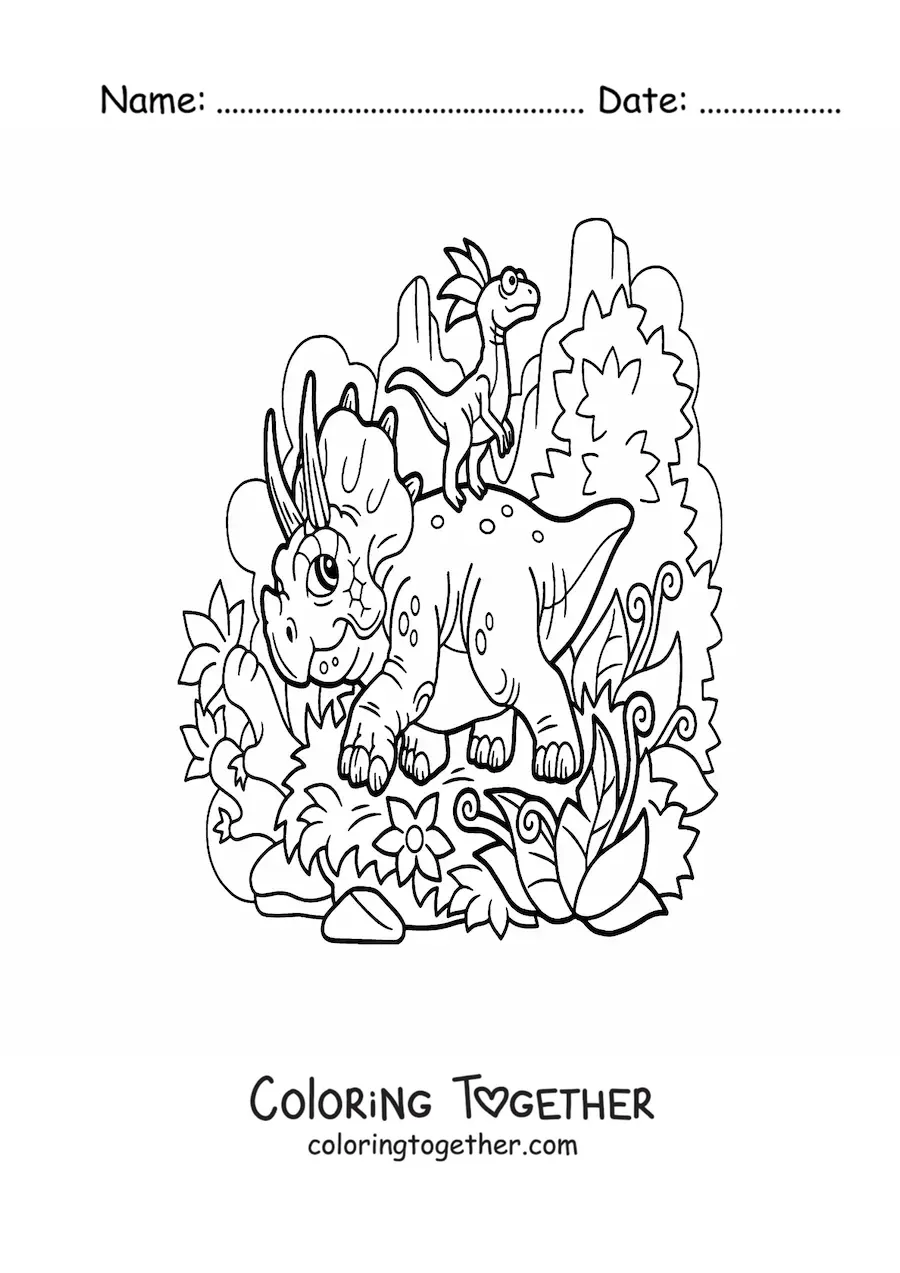 Coloring page of a triceratops with a friend in its habitat