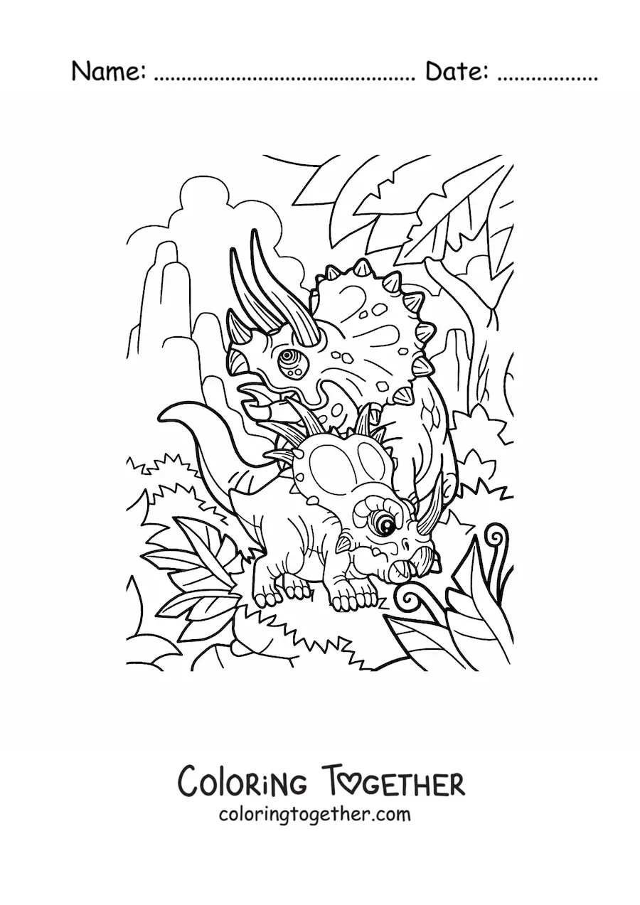 Coloring page of a triceratops with a baby ceratopsid